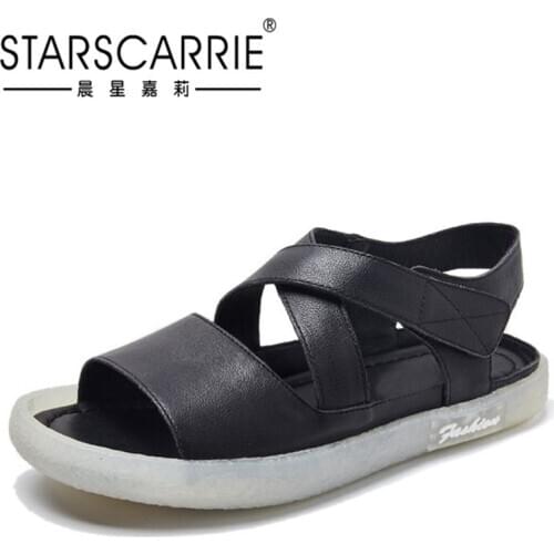 Sandals womens leather 2021 new summer Velcro versatile student fashion soft bottom flat bottom non slip fairy style