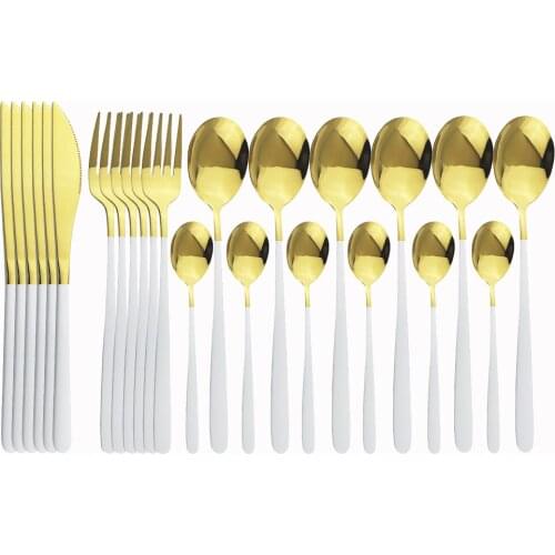 24Pcs/Set White Gold Cutlery Set Kitchen Mirror Tableware Set 304 Stainless Steel Dinnerware Set Knife Fork Spoon Dinner Set