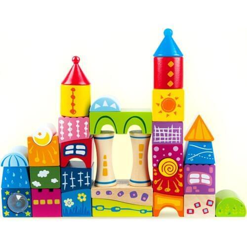 Building Baby Puzzle Toys Paint Non-toxic Odorless Childrens Toys Green Fairy Tale Castle Large Grain Wooden 2-4 Years Assembly