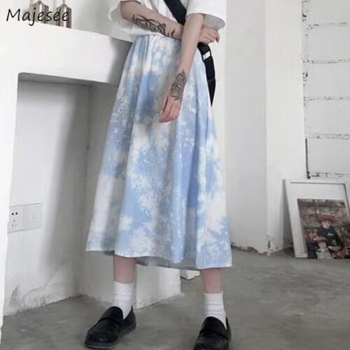 Skirts Women A-line High Waist Leisure Fashion Chic Harajuku All-match Autumn Tie Dye Mid-calf Student Daily Female Retro Baggy