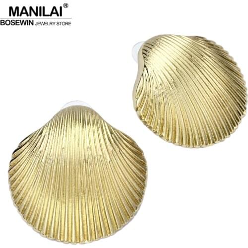 MANILAI Big Alloy Shell Stud Earrings Beach Jewelry For Women Fashion Metal Shell Statement Earrings Golden Silver Color