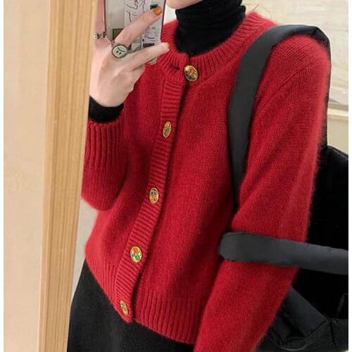 2021 Autumn Winter Women Knit Cardigan Sweater Fashion Red Black Beige Navy Blue Loose Coat O-neck Long Sleeve Thick Female Tops