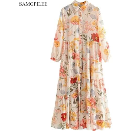 2020 Women Vintage Turn Down Collar Floral Print Casual Dress Female Pleated Ruffles Chiffon Vestidos Chic Dresses