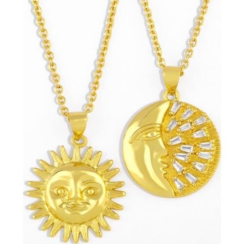 FLOLA Gold Chain Crescent Moon And Sun Necklace For Women Crystal Round Pendant Necklace Cubic Zirconia Statement Jewelry nkes04