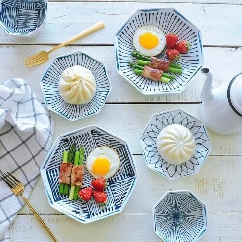 1pc Geometeic Ceramic Dinner Plate Japanese Style Dinner Dishes Dinnerware Pasta Plate Rice Bowl Porcelain Dish