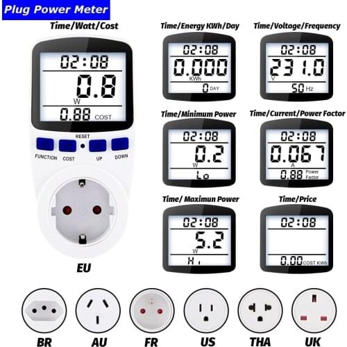 220V AC EU Plug Digital LCD Power Meter Wattmeter Socket Wattage Kwh Energy Meter FR US UK AU BR Measuring Outlet Power Analyzer