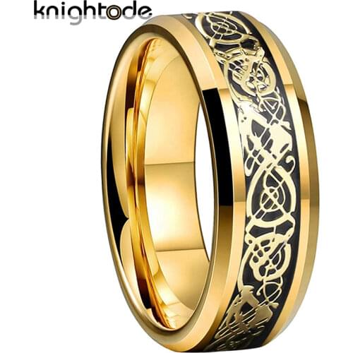8mm Tungsten Carbide Anniversary Ring Gold Dragon Black Carbon Fiber Inlay For Loves Wedding Bands Beveled Edges Polished