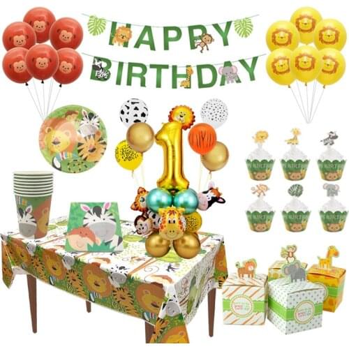 Jungle Safari Animal Banner Balloon Candy Box Paper Plates Cups Birthday Party Decoration Baby Shower Kids 1st Birthday Supplies