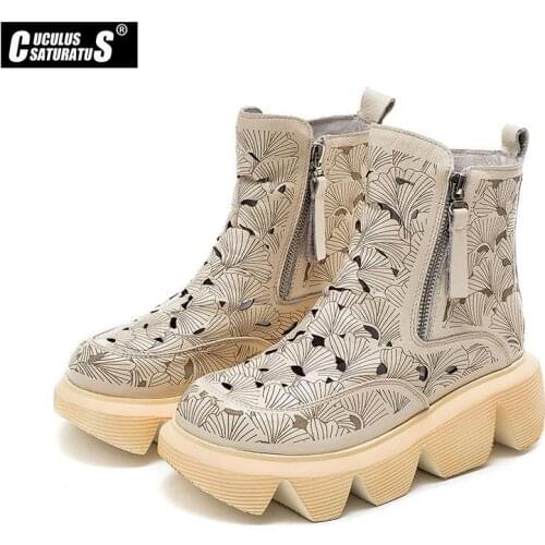 Cuculus New Genuine Leather Boots Women Lace Up Hollow Lace Up spring Summer Martin Boots Fashion Chunky Platform Ankle Botas