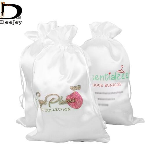 Custom personal brand drawstring polyester satin silk bag white black 18x30cm for virgin hair or party favour storage gift bags