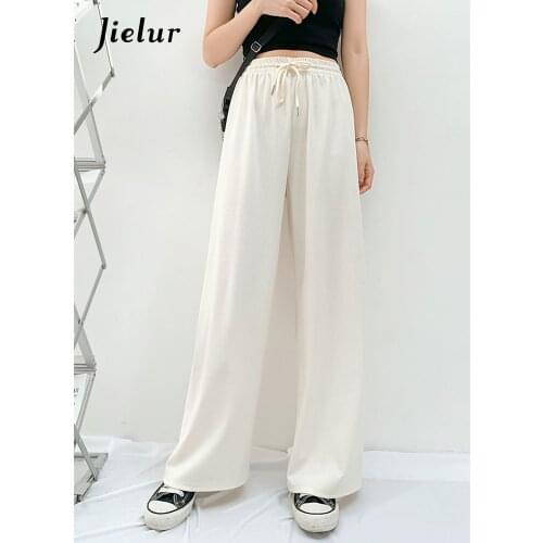 Jielur Ice Silk Wide Leg Pants Women High-waisted Spring Summer Loose Straight Trousers Casual White Pink Blue Pantalones Femme
