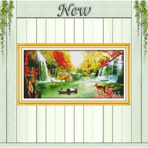 Creating wealth lake falls deer Scenery painting Counted printed on canvas 14CT 11CT Cross Stitch Needlework kits Embroidery Set