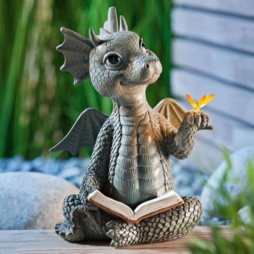 Read Book Dragon Statue Indoor Outdoor Dinosaur Garden Art Bookshelf Collectible Figurines Yoga Patio Sculpture Home Decor