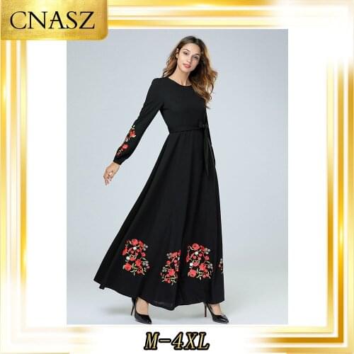Muslim Dress Kaftan European And American Large Loose Embroidered Long-Sleeved Dresses