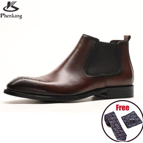 Phenkang Mens Winter Boots Formal Ankle Genuine Leather Chelsea Boots Formal Men Business Dress Shoes Slipon Leather Shoes