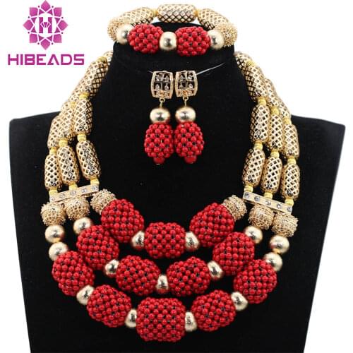 Charming Red African Beaded Statement Necklace Set Red and Gold Chunky Wedding Jewelry Set for Brides WE136