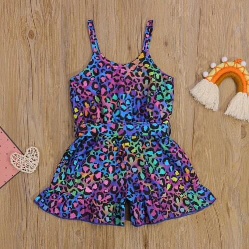 Toddler Girl Strap Sleeveless Romper, Trendy Tie-Dye Leopard Print Button Front Jumpsuit Shorts 1-6T 2021 New Fashion