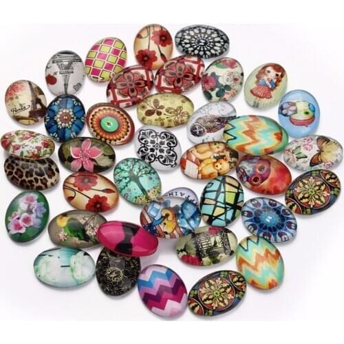 20pcs/lot 13X18mm Handmade Mixed Color Flower Clover Necklace Owl Pendant Oval Glass Beads Cabochon For Earrings Jewelry Making