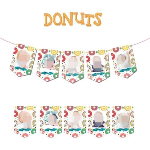 Donut Theme Pattern Girls Favor First Birthday Decoration Flag Twelve Months Photo Frame Banner First Anniversary Party Supply