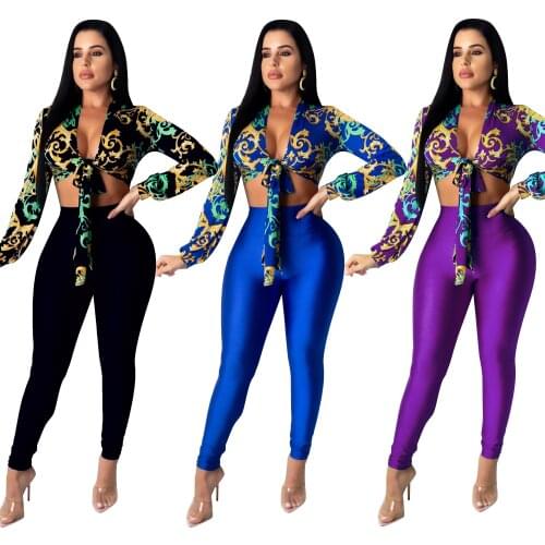 Stunning Printing Women Outfits Fashion Female V Neck Long Sleeves Short Shirt + Skinny Pants Nightclub Party Suits 2020 New 3
