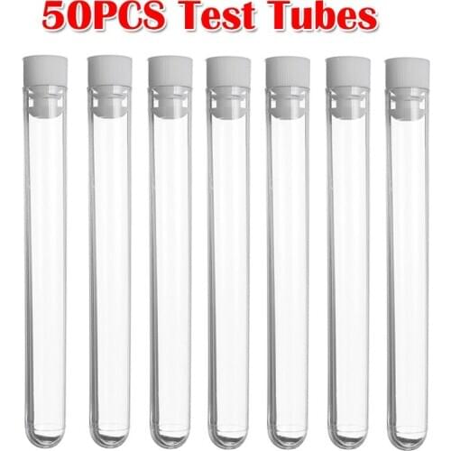 50PCS Clear Plastic Test Tube With Cap 12x100mm U-shaped Bottom Long Transparent Test Tube Lab Supplies Hand Tool Set