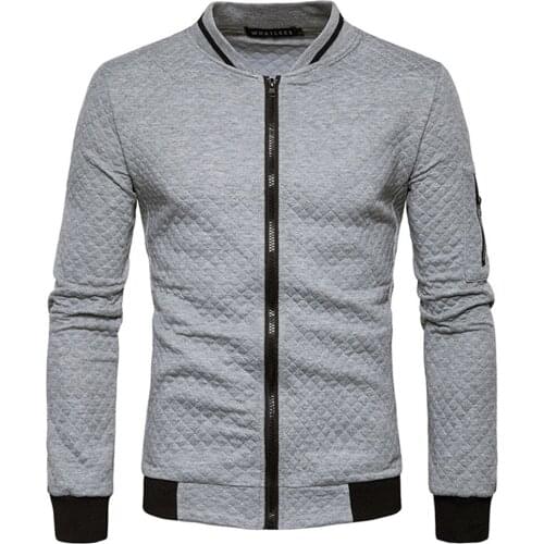 QSuper Baseball Spring&Autumn Men Jacket Zipper Grid Design Men Sweater Casual O-Neck Sweatshirts Solid Color Slim Male Coats