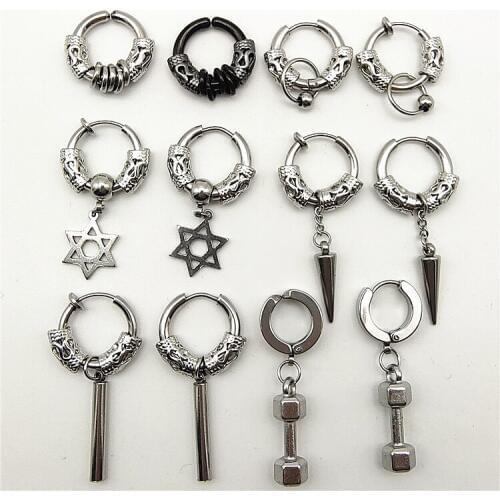 Unisex Vintage Silver Black Non Piercing Stud Earrings Men Women Fashion Star Cross Ball Ear Dangle Jewelry Gifts