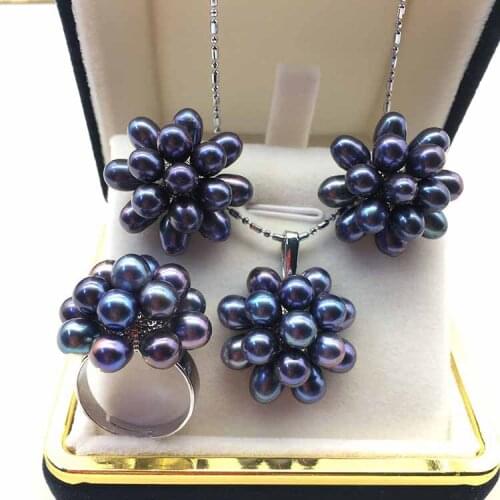 Flower Shape Charmful Freshwater Pearl Pendant Earrings Ring Finger Ring Set Nice Quality Cool Fashion Party Wedding Jewelry