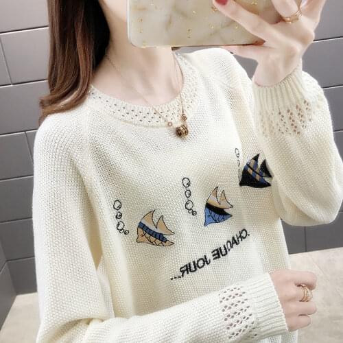Womens New Sweater Spring And Autumn Hollow Knit Sweater Thin Section Embroidery Solid Color Pullover Commuter All-Match Blouse