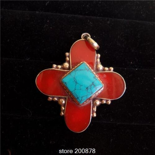 TBP345 Tibetan White Metal Copper Inlaid Stone Resin Cross Clover Vintage Pendant 41mm Nepal handmade Jewelry