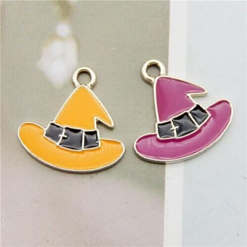 Julie Wang 6PCS Enamel Wizard Hat Charms Purple Yellow Cartoon Halloween Magic Hat Pendants Alloy Jewelry Making Accessory