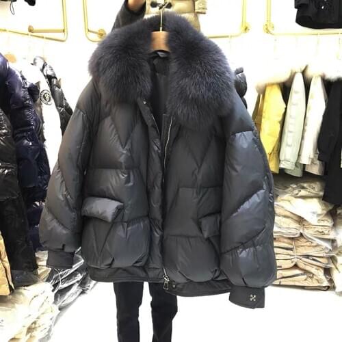 Short Down Parkas Female 2021 Natural Fox Fur Collar Loose Oversize 90% White Duck Down Jacket Women Winter Outwear Coat