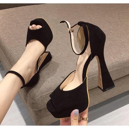 Termainoov Women Sandals High Heels Peep Toe Buckle Platform Fashion Party Shoes Heeled Flock Summer New Sandalias
