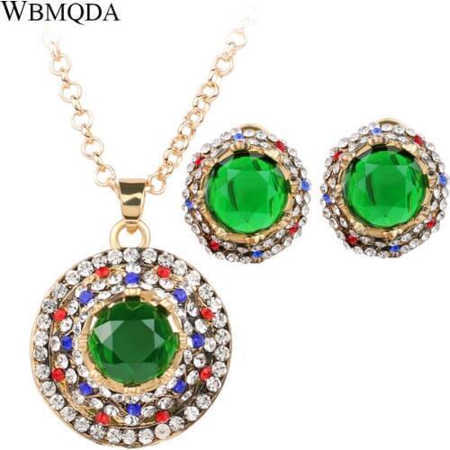 2 Pcs/lot 2018 New Luxury Dubai Gold Color Stud Earrings Necklace For Women Round Colorful Crystal Bridal Jewelry Sets Gifts