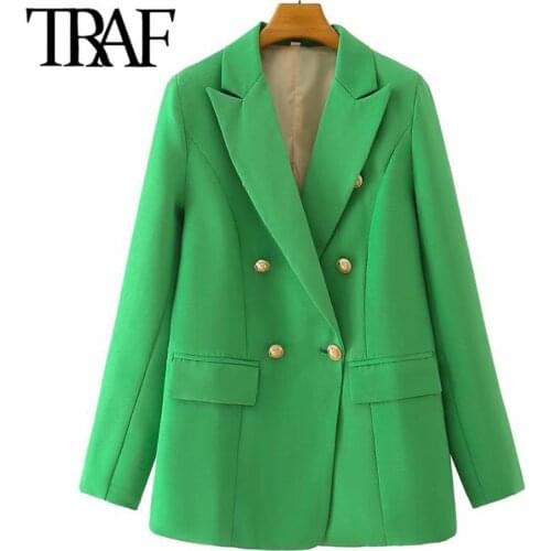 ZHENBAILI Za Woman 2021 Casual Traf Jacket Autumn Chic Double Breasted Notched Collar Flap Pocket Green Blazers Female Coats