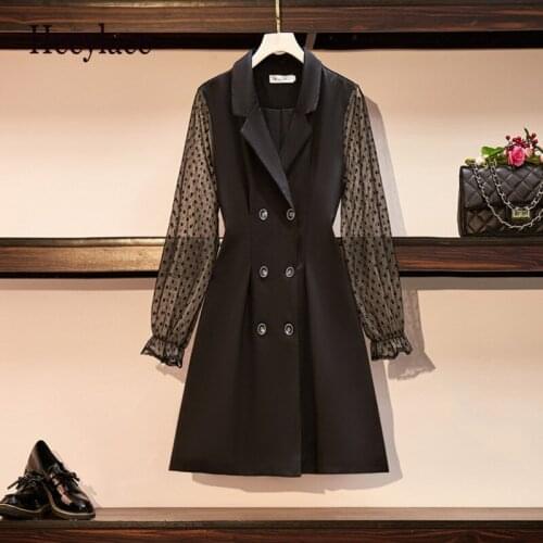 Plus Size S-4XL Women Double breasted Elegant Business Office Ladies Blazer Dress Mesh Sleeve A Line Work Coat Dresses Clothing