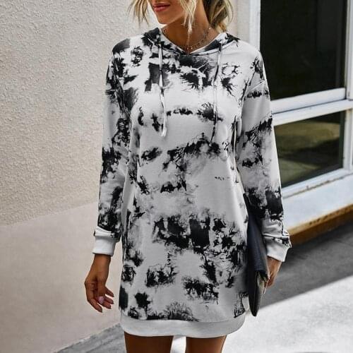 Women Mini Hoodie Dress Tie-Dye Printed Stylish Long Sleeve Hooded Oversized Drawstring Sweatshirt Pockets Pullover Jumper