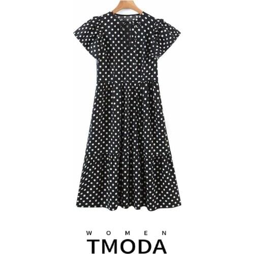 TMODA1437 Za 2021 Summer Women Classic Dots Print Ruffles Midi Dress Female Bow Neck Short Sleeve Ladies Midi Robe Dresses