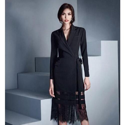 Spring High Quality Lace Up Blazer Patchwork Lace Dress Women Fashion Long Sleeve Hollow Out Empire Mid Dresses