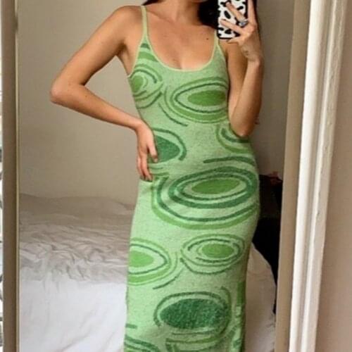 Women Green Y2K Party Dress Hollow Out Sleeveless Spaghetti Strap Beach Midi Dresses Sexy Print Knit Bodycon Dress Summer