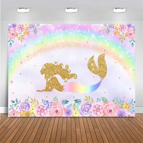 Gold Mermaid Backdrop Princess Rainbow Flower Photo Background Newborn Baby Shower Party Photography Background for Photo Studio