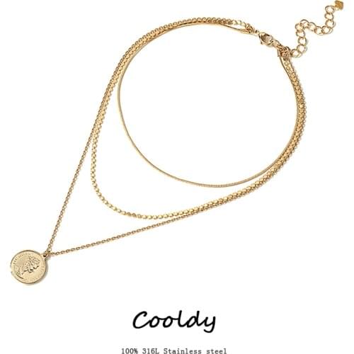 Multilayer Necklace Long Pendant Necklace Women Stainless Steel Necklace Moon Circle map Pendant Chain Necklace Gift Jewelry