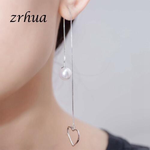 ZRHUA 2018 New Vintage 925 Sterling Silver Dangle Earrings Silver Drop Brincos For Women Long Line Jewelry Pearls for Wedding