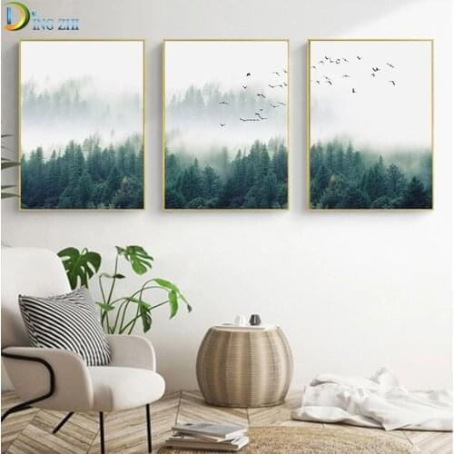 3Pcs Nordic Fog Forest Bird Landscape Diamond Embroidery Wall Art Picture Diy Diamond Painting Mosaic Triptych Home Office Decor