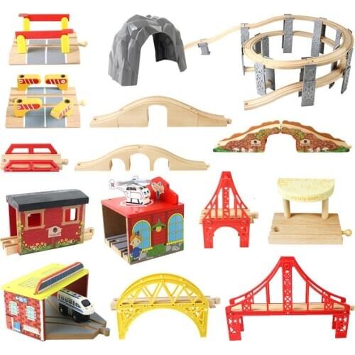 Wooden Train Track Railway Accessories Tunnel Cross Bridge Variety Component for Wood Tracks Rail Car Toys for Children