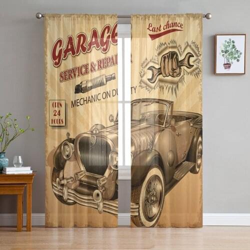 Alphabet Car Machinery Vintage Car Retro Tulle Window Treatment Sheer Curtains for Living Room the Bedroom Curtains Decoration
