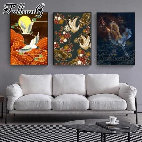 FULLCANG 5d diy diamond embroidery crane animal birds diamond painting triptych full square round drill home decoration FC2612