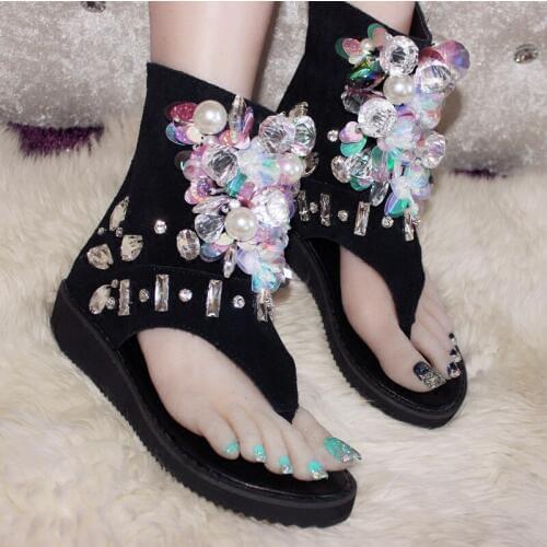Shoes Woman Genuine Leather Rhinestone Handmade Sandals Bling Gems Side Zipper Flip-flop Wedges Sandals Cover Heel Stiletto Shoe
