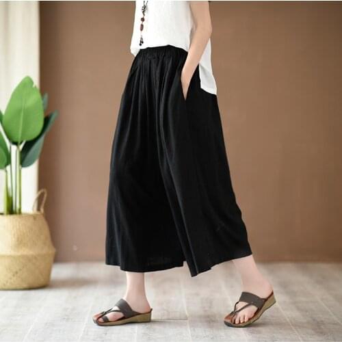 Women Summer Plus Size Wide Leg Pants Ladies Cotton Linen Retro Elastic Waist Wide Leg Trousers Female Retro Calf Length Pants