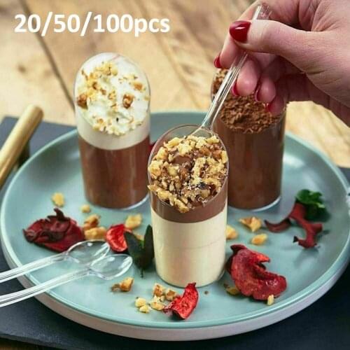 50ml Dessert Cups Plastic Round Parfait Cups with Spoons Clear Slanted Parfait Cup for Cake Souffle Jello Weddings Supplies